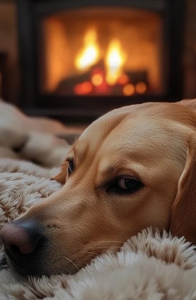 Dog at fireplace